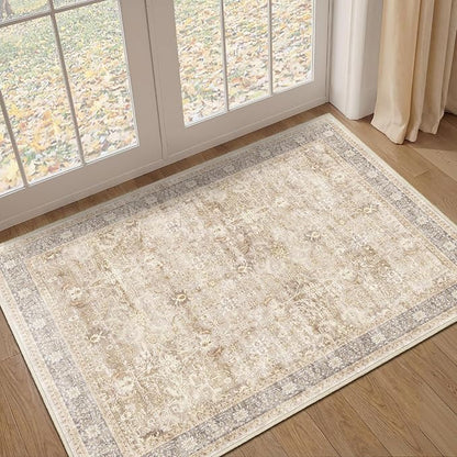Small Area Rugs 3x4, Neutral Beige Throw Rugs for Kitchen Bathroom Bedroom, Washable Non Slip Ultra Thin Front Indoor Door Mats for Entrance Entryway Foyer, Vintage Farmhouse Earth Tone