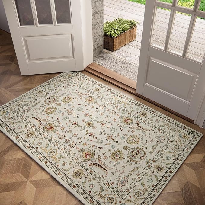 Washable 2x3 Entryway Rug, Boho Non-Slip Door Mat Vintage Distress Small Rugs for Kitchen Nursery Office Bedroom, 0.3" Neutral Oriental Throw Carpet with Cushioning Pad, Beige/Rust/Multi, B1