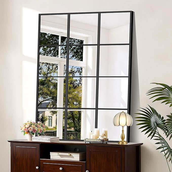 YIROMAN Window Pane Mirror, 36x48 Inch Black Rectangular Decorative Wall Mirror, Large Window Metal Framed Mirrors for Bedroom Living Room Fireplace Entryway, Hanging or Leaning Against Wall