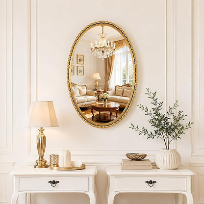 24x36 Inch Oval Wall Mirror with Antique Gold Beaded Frame, Vertical or Horizontal Hanging Vanity Mirror for Bathroom, Powder Room or Bedroom, Decorative Oval Mirror Wall Decor