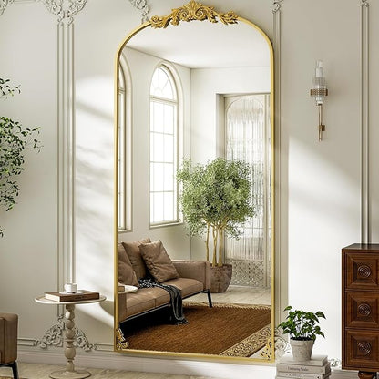 GLSLAND 77"x 38" Vintage Full Length Mirror - Large Carved Floor Mirror with Metal Frame Baroque Arched Full Body Mirrors for Bathroom/Living Room/Entryway,Gold