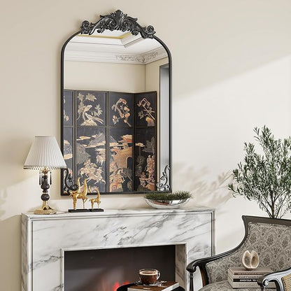 VooBang 26x38 inch Vintage Arched Bathroom Mirror - Gorgeous Wall Vanity Mirror with Beautiful Retro Top and Bottom Engraving Process Frame for Entryway Hallway Living Room, Black
