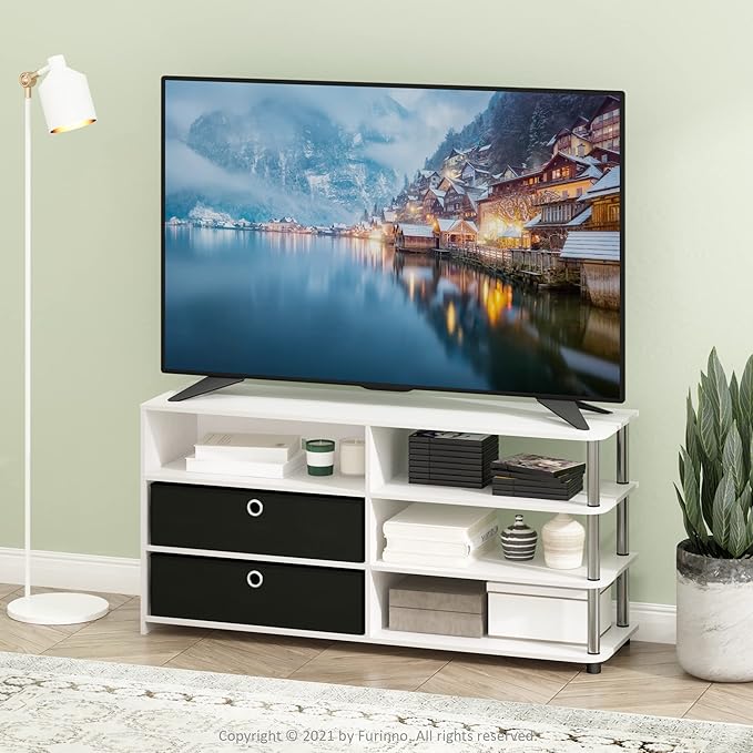 Furinno Jaya Simple Design Stand for TV up to 55-Inch with Bins, White Oak/Chrome/Black