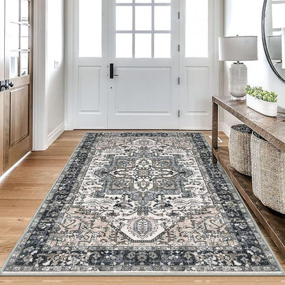 KOZYFLY Area Rug 4x6 Ft Washable Rugs for Entryway Non Slip Faux Wool Printed Throw Rug for Kitchen Bedroom Hallway Living Room Indoor Floor Decoration, Black/Taupe/Beige