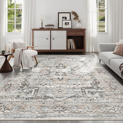 9x12 Washable Vintage Area Rug - Non-Slip Soft Rugs for Living Room Bedroom Dining Room, Stain Resistant Indoor Floor Mat for Home Decor (Beige/Brown, 9'x12')