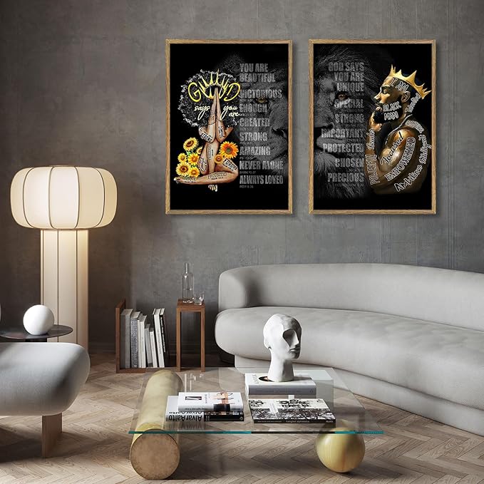 2Pcs Male King And Queen Wall Art Inspiration Canvas Wood Framed Printing African American Poster Picture Inspiration Wall Decoration Black Print Art Religious Quotations Gallery Living Room Bedroom Office
