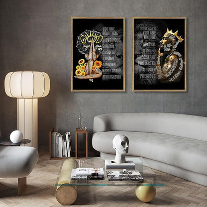 2Pcs Male King And Queen Wall Art Inspiration Canvas Wood Framed Printing African American Poster Picture Inspiration Wall Decoration Black Print Art Religious Quotations Gallery Living Room Bedroom Office