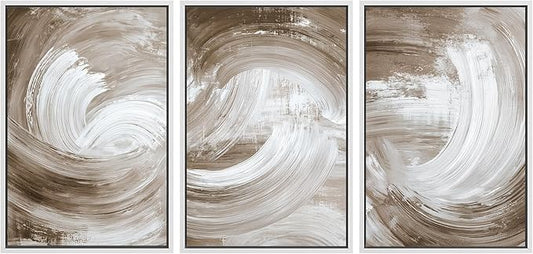 SIGNLEADER Framed Canvas Print Wall Art Set Warm Brown and White Swirl Abstract Illustrations Minimal Decorative Bohemian Nordic for Living Room, Bedroom, Office - 16"x24"x3 WHITE