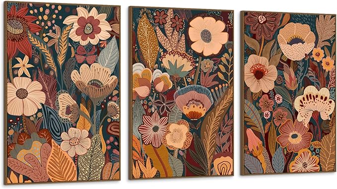 SAFERRYHOME Burnt Orange Floral Wall Art, 3 Pieces Boho Mid Century Modern Wildflower Framed Canvas Wall Decor, Vintage Botanical Neutral Plant Artwork Print for Living Room Bedroom Hallway Office, 16"x24"