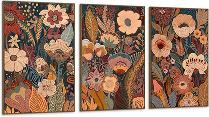 SAFERRYHOME Large Burnt Orange Floral Wall Art, 3 Pieces Boho Mid Century Modern Wildflower Framed Canvas Wall Decor, Vintage Botanical Neutral Plant Artwork Print for Living Room Bedroom Office, 24"x36"