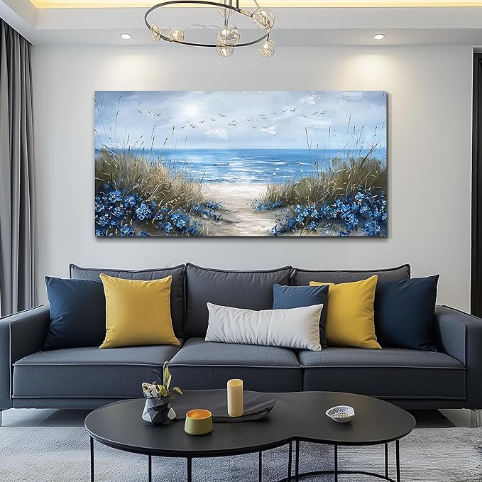 KELIYUAN Large Wall Art For Living Room Canvas Wall Decor For Office Bedroom Decoration Blue Ocean Wall Painting Sea Wave Pictures Printing Artwork Modern Beach Posters Aesthetic Home Decor 24"x48"