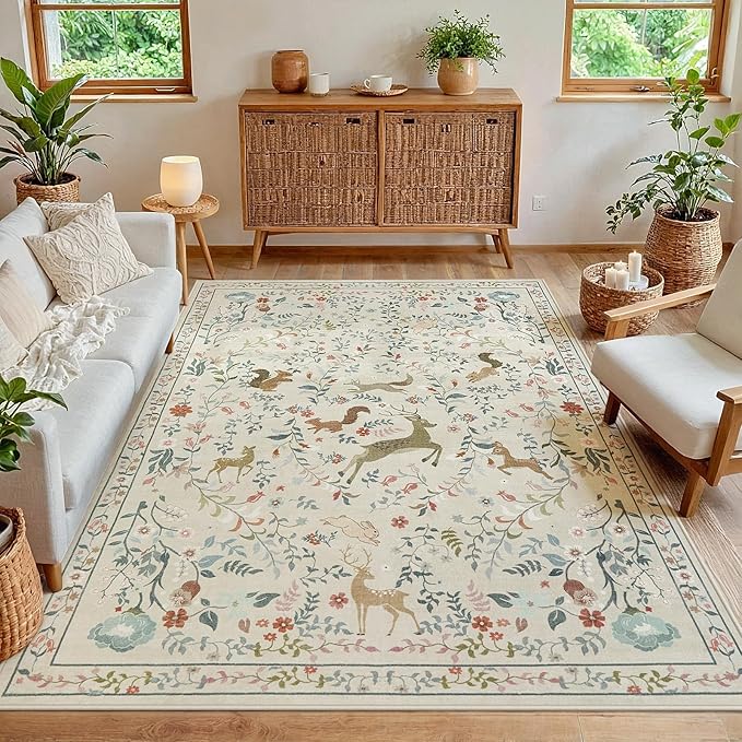 6x9 Area Rugs Washable Rug: Lagre Boho Living Room Rug Soft Non-Slip Thin Carpet Indoor Floor Non-Shedding Neutral Floral Carpets for Bedroom Dining Room Farmhouse Nursery Beige Animal