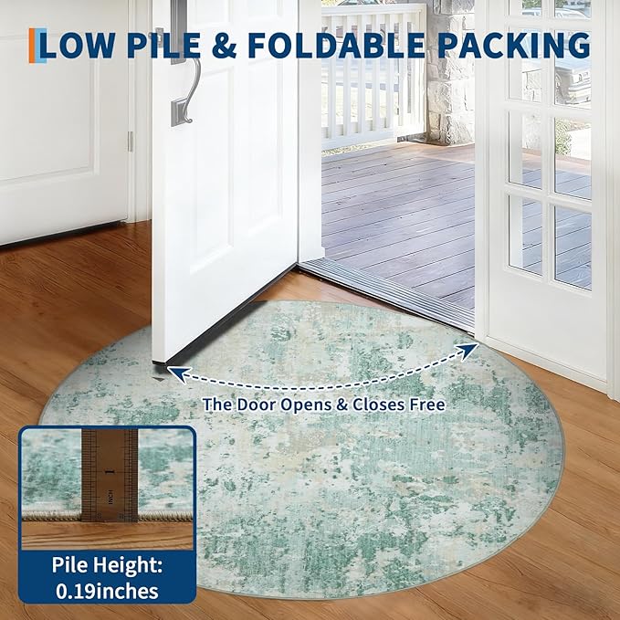 ROYHOME Modern Abstract 4x4 Round Area Rug Non Slip Non Shedding Rug Low Pile Stain Resistant for Bedroom Living Room Office Dining Room,Green