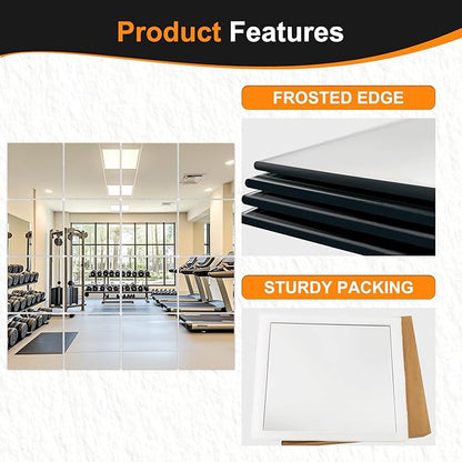 Delma Home Gym Mirrors, 12'' x 12'' Glass Mirror Tiles (16 PCS), Square Large Wall Mirror for Home Gym, Bedroom, Door,Bathroom, Frameless Mirror Sets
