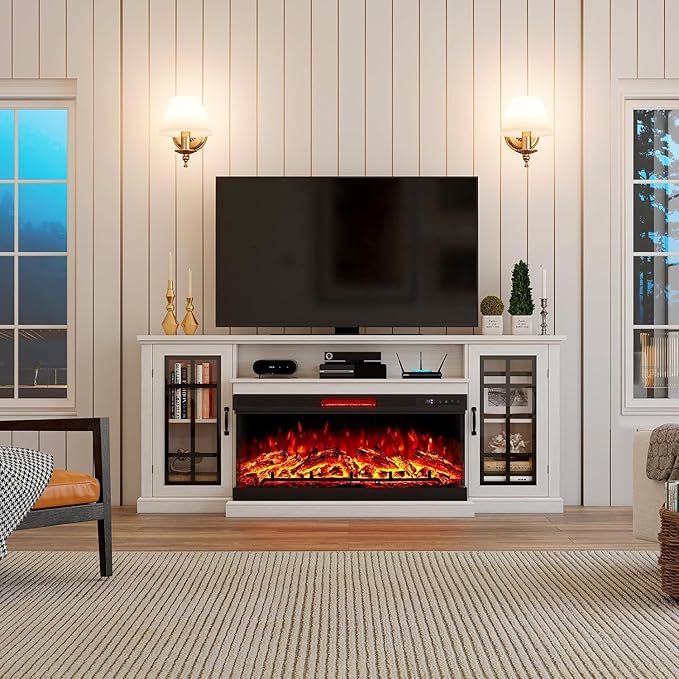 AMERLIFE 75in 3-Sided Glass Fireplace TV Stand for TVs up to 85", Rustic Fireplace Media Entertainment Center Console Table Cabniet with Glass Door Closed Storage, Distressed White
