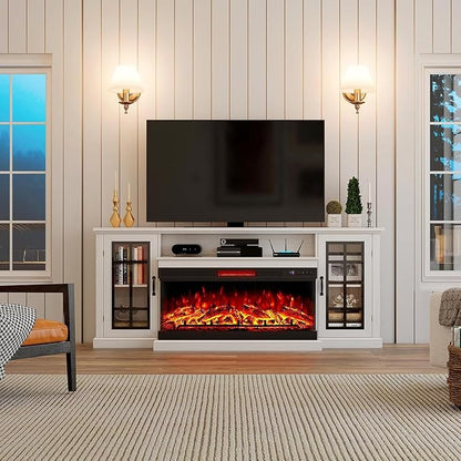 AMERLIFE 75in 3-Sided Glass Fireplace TV Stand for TVs up to 85", Rustic Fireplace Media Entertainment Center Console Table Cabniet with Glass Door Closed Storage, Distressed White