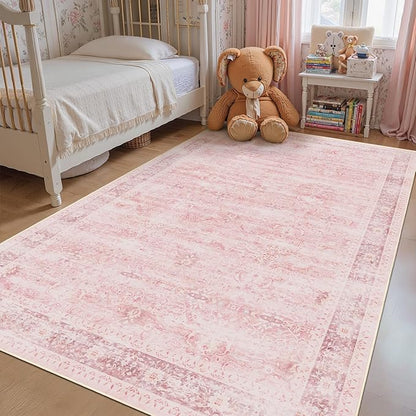 Pink Rug 5x8 for Bedroom Girls, Washable Non Slip Nursery Kids Room Rug Dorm, Aesthetic Distressed Area Rugs for Living Room, Low Pile Thin Carpet Rug for Playroom Dining Room Home Office