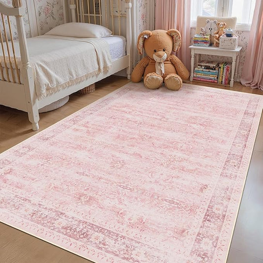 5x7 Pink Rug for Nursery, Thin Washable Rugs for Kids Room Playroom, Distressed Aesthetic Area Rugs for Bedroom Girls Dorm Romantic, Non Slip Carpet Rug for Living Room Dining Room Home Office