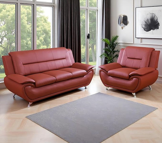 Living Room Furniture Sets, 2PCS Red Faux Leather Sofa and Chair for Living Room, Sofa Couches for Office, Bedroom, Apartment