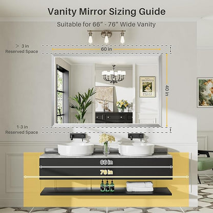 60x40 Inch Brushed Silver Bathroom Mirror for Wall, Thick Metal Framed Rectangle Mirrors for Over Sink, Bedroom, Living Room, Entryway, Anti-Rust, HD Tempered Glass