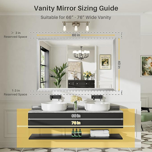 60x40 Inch Brushed Silver Bathroom Mirror for Wall, Thick Metal Framed Rectangle Mirrors for Over Sink, Bedroom, Living Room, Entryway, Anti-Rust, HD Tempered Glass