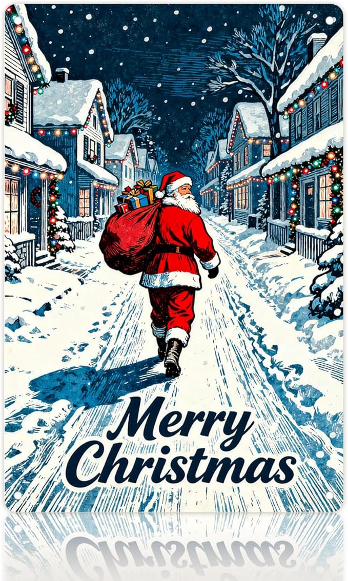 Vintage Christmas Metal Wall Decor Decorations Outdoor - 12x8 Inches Retro Santa Claus Snow Town Sign for Home Kitchen Holiday Gathering Spaces.
