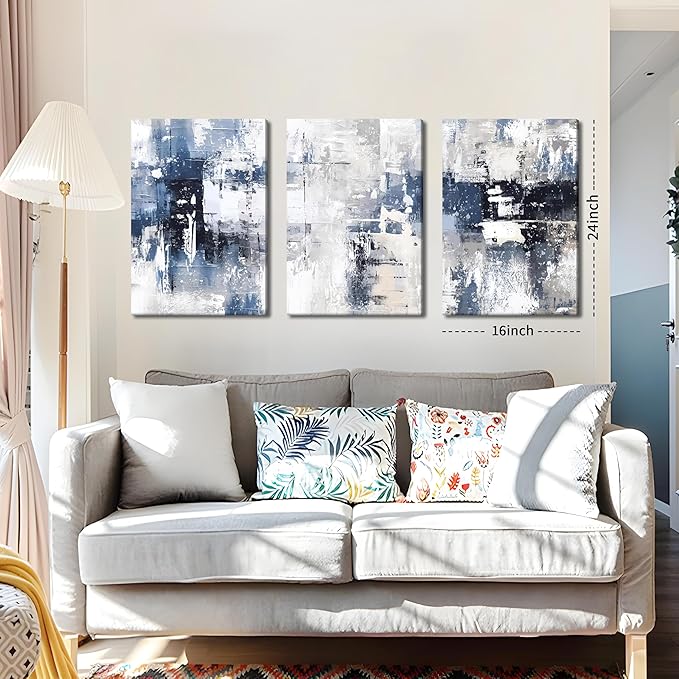 Abstract Blue and White Wall Art Set of 3, Modern Simple Navy Framed Canvas Prints Poster, Gray Painting Picture for Living Room, Bedroom, Office Wall Decor 16x24 Inch