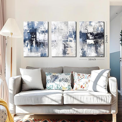 Abstract Blue and White Wall Art Set of 3, Modern Simple Navy Framed Canvas Prints Poster, Gray Painting Picture for Living Room, Bedroom, Office Wall Decor 16x24 Inch