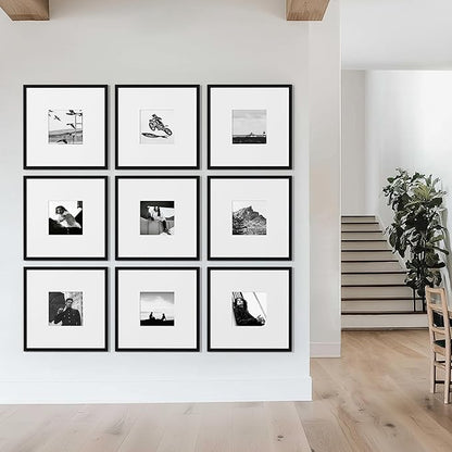 eletecpro 18x18 Picture Frames Set of 9, Classic Gallery Wall Frame Set for 8x8 Photos with Mat or 18x18 without Mat, Storyline Picture Frame for Art Prints, Black Poster Frames for Home Decor Wall