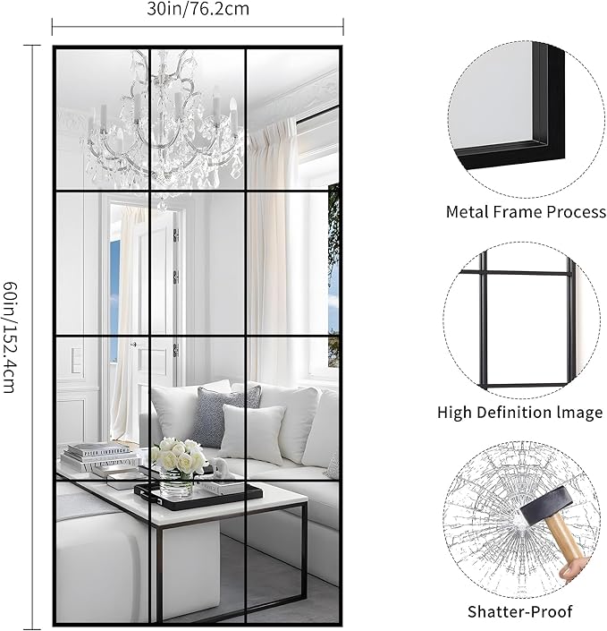 YIROMAN Window Pane Mirror, 30x60 Inch Black Rectangular Decorative Wall Mirror, Large Window Metal Framed Mirrors for Bedroom Living Room Fireplace Entryway, Hanging or Leaning Against Wall