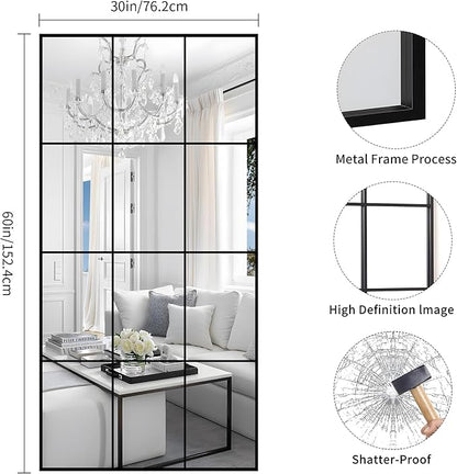 YIROMAN Window Pane Mirror, 30x60 Inch Black Rectangular Decorative Wall Mirror, Large Window Metal Framed Mirrors for Bedroom Living Room Fireplace Entryway, Hanging or Leaning Against Wall