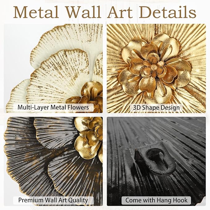 DILATATA 3 Pcs Metal Flower Wall Art Set 10 Inch Rustic Modern Floral Sculpture 3D Metal Flower Wall Hanging Accent for Indoor Living Room Bedroom Kitchen Bathroom Garden Patio Decor - Mixcolor