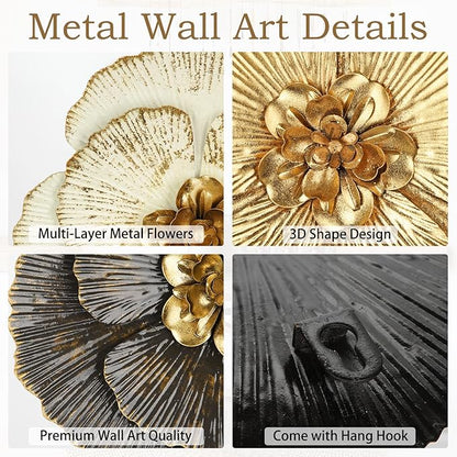 DILATATA 3 Pcs Metal Flower Wall Art Set 10 Inch Rustic Modern Floral Sculpture 3D Metal Flower Wall Hanging Accent for Indoor Living Room Bedroom Kitchen Bathroom Garden Patio Decor - Mixcolor