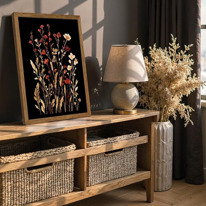 JLTULT Vintage Floral on Black Background Canvas Wall Art, Elegant Dark Wildflower Wall Decor, Botanical Painting Art Prints for Bedroom Bathroom Living Room Office 16x24 In Wood Framed Easy to Hang