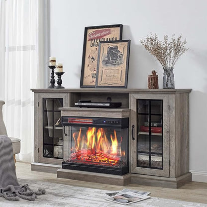 AMERLIFE 3-Sided Glass Fireplace TV Stand for TVs up to 65'' with 12 Color, Media Entertainment Center Console Table with Doors Closed Storage, Wash Gray