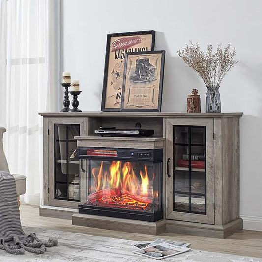AMERLIFE 3-Sided Glass Fireplace TV Stand for TVs up to 65'' with 12 Color, Media Entertainment Center Console Table with Doors Closed Storage, Wash Gray