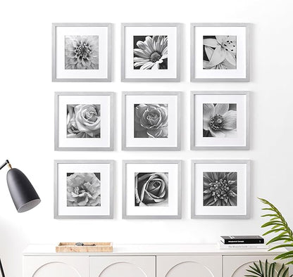 eletecpro 12x12 Picture Frames Set of 9 with Mat for 8x8 Photos or without Mat for 12x12, Square Gallery Wall Decor Collage for Picture Display, Silver Frame Set for Wall Hanging