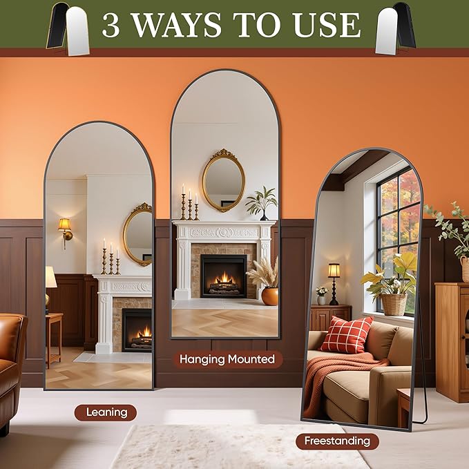 Full Length Mirror, 76"x44" Arched Full Body Mirror, Floor Mirrors with Stand, Body Mirrors Standing Hanging Leaning Against Wall,Aluminum Frame Mirrors for Bedroom Cloakroom,Living Room,Black