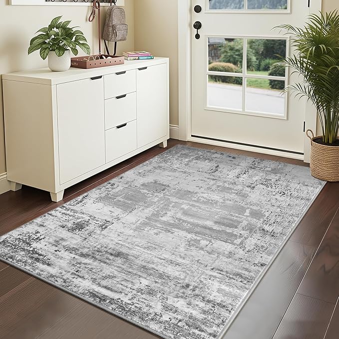 HOMORE Area Rug 4x6 Grey Rugs for Entryway, Non Slip Washable Abstract Rugs for Bedroom Living Room Dining Room Classroom Kids Room Dorm