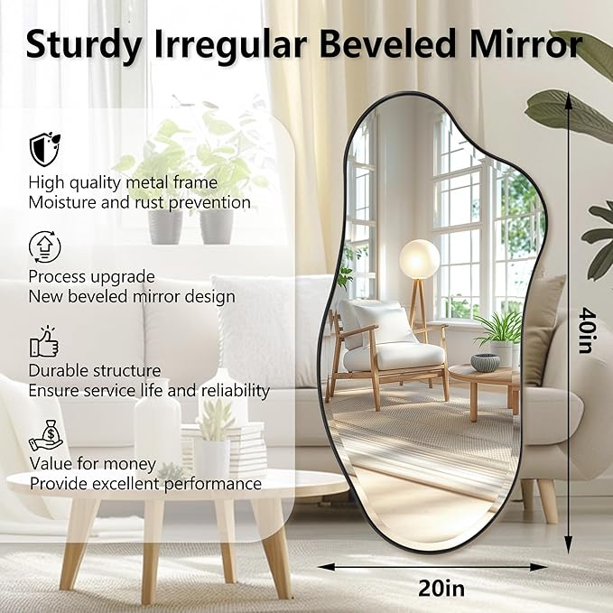 POZINO Irregular Beveled Mirror, 53"x26.5" Modern Premium Organic Mirror with Metal Frame, Large Asymmetrical Aesthetic Mirrors for Living Room Bedroom Hallway Entryway, Horizontal/Vertical Hanging
