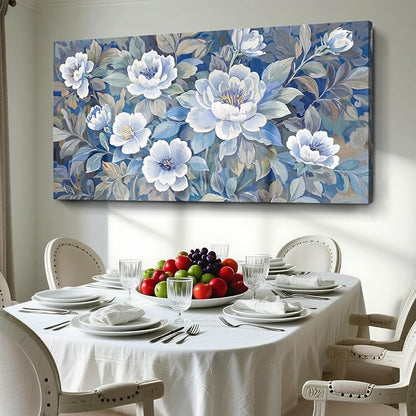 amatop Large Blue White And Gray Canvas Wall Art, Modern Natural Abstract Prints Of Plants For Living Rooms; Unique Blooming Flower Artwork For Bedrooms, Bathrooms, Dining Rooms, And Studies. 48X24In
