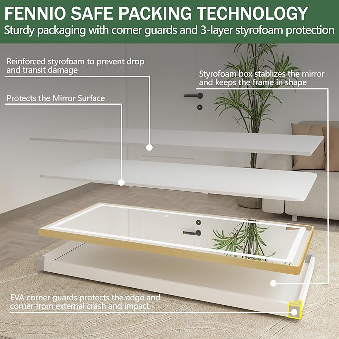 FENNIO Full Length Mirror with Lights, 70" x 32" LED Full Body Mirror, Free Standing Lighted Floor Mirror, Wall Mounted Hanging Mirror with Lights for Bedroom, Salon, Brushed Aluminum Frame, Gold