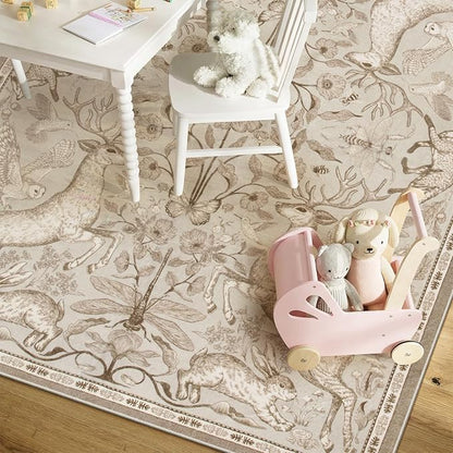 Lahome Dorval 6x9 Washable Deer Rug, Boho Cottagecore Neutral Area Rug, Non Slip Low Pile Soft Carpet for Living Room Dining Room Bedroom Office Nursery Farmhouse Home Decor Beige
