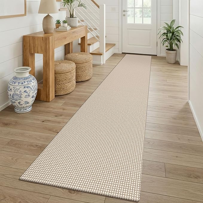 KOZYFLY Cotton 2x12 Runners Rugs for Hallway, Long Washable Runner Rug, Woven Non Slip Kitchen Runner, Braided Entryway Rug, Floor Carpet for Entry, Aisle, Hall, Ivory/Camel/Brown