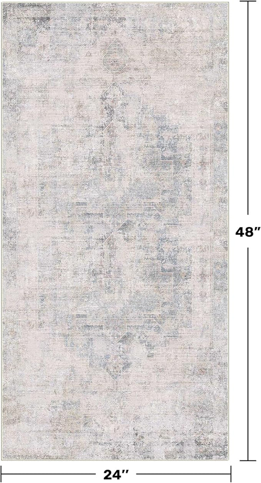 Light Blue 2x4 Runner Rug for Bathroom, Entryway Indoor, Kitchen Floor Waterproof, Powder Room, Washable Non Slip Low Pile Stain & Fade Resistant, Modern Eclectic Dusty Blue Décor
