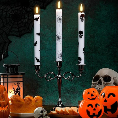 Halloween Flameless Taper Candles Battery Operated with Remote and Timer, 3D Wick Flickering LED Taper Candles Skull Bats Spider Decals Dinner Table Halloween Lights(6 Pack, 0.78 x 9.64”)