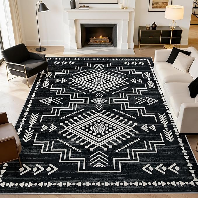 Joydeco Moroccan Black 8x10 Area Rugs for Living Room, Non-Slip Western Large Bedroom Dining Room Rug, Throw Stain Resistant Geometric Aztec Print Modern Soft Carpet for Playroom Office