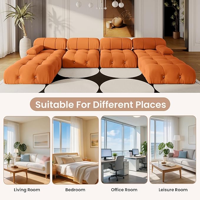 138'' Modular Sectional Couch, U-Shaped Velvet Sofa with Reversible Chaise Ottoman, Minimalist 6-Seat Bubble Sofa, Modern Cloud Sectional Couches for Living Room, Apartment (6 Seats, Orange)