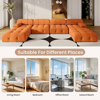 138'' Modular Sectional Couch, U-Shaped Velvet Sofa with Reversible Chaise Ottoman, Minimalist 6-Seat Bubble Sofa, Modern Cloud Sectional Couches for Living Room, Apartment (6 Seats, Orange)
