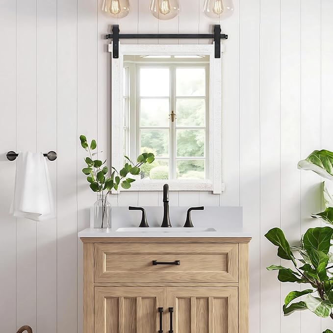 Besdomus Farmhouse Bathroom Wall Mirror: 22"x30" White Barn Door Solid Cedar Wood Frame Vanity Mirror - Rustic Bathroom Over Sink/Living Room/Hallway - Modern Rustic Decor for Housewife